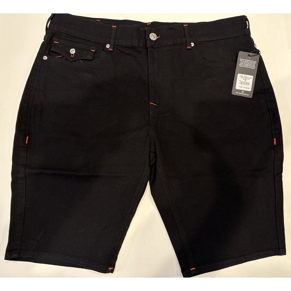 True Religion Ricky Relaxed Straight Shorts Mens 38 Black New Flap Pocket Denim